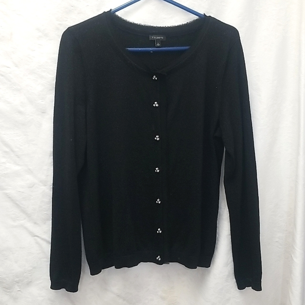 Talbots Black Merino Wool Cardigan with beautiful Buttons Size L